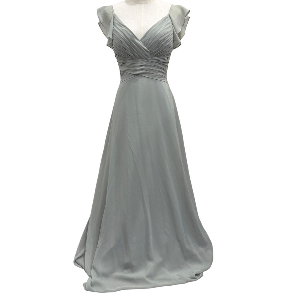 JJ's House Soft Sage Green Chiffon Pleated V-Neck Flutter Sleeve Gown Bridal XS - Picture 1 of 9